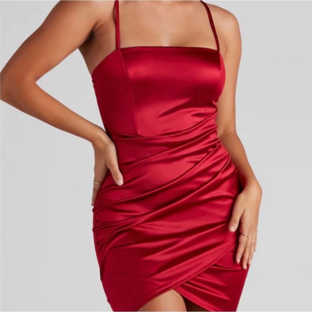 Windsor Red Ruched Mini Satin Dress